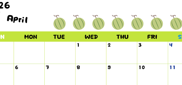 2026年4月カレンダーは横型日曜始まりで季節感あふれる果物のカラフルなイラストがかわいい：無料(2026-01360400)