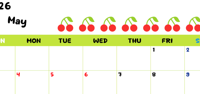 2026年5月カレンダーは横型日曜始まりで季節感あふれる果物のカラフルなイラストがかわいい：無料(2026-01360500)