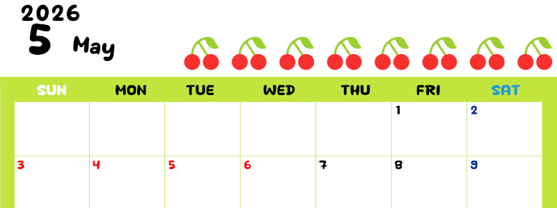 2026年5月カレンダーは横型日曜始まりで季節感あふれる果物のカラフルなイラストがかわいい：無料(2026-01360500)