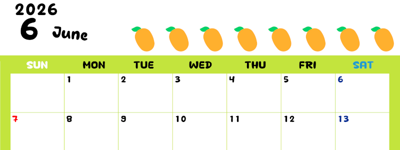 2026年6月カレンダーは横型日曜始まりで季節感あふれる果物のカラフルなイラストがかわいい：無料(2026-01360600)