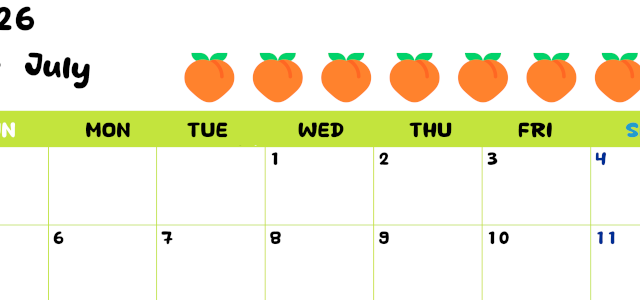 2026年7月カレンダーは横型日曜始まりで季節感あふれる果物のカラフルなイラストがかわいい：無料(2026-01360700)