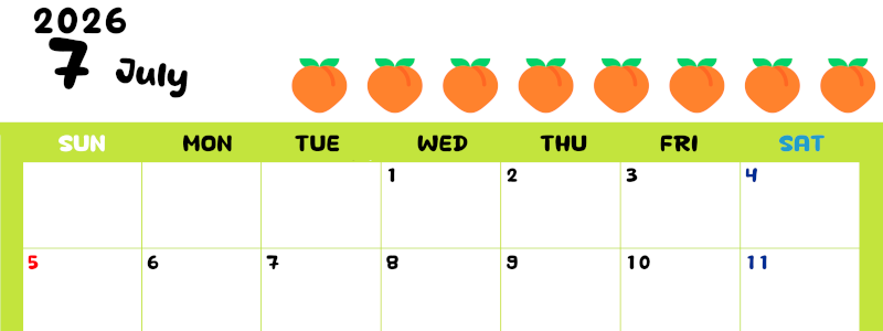 2026年7月カレンダーは横型日曜始まりで季節感あふれる果物のカラフルなイラストがかわいい：無料(2026-01360700)