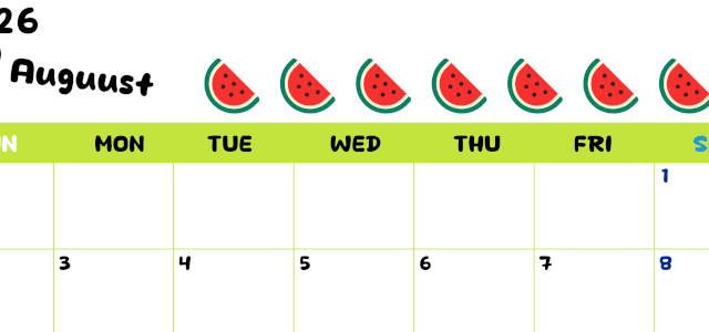 2026年8月カレンダーは横型日曜始まりで季節感あふれる果物のカラフルなイラストがかわいい：無料(2026-01360800)