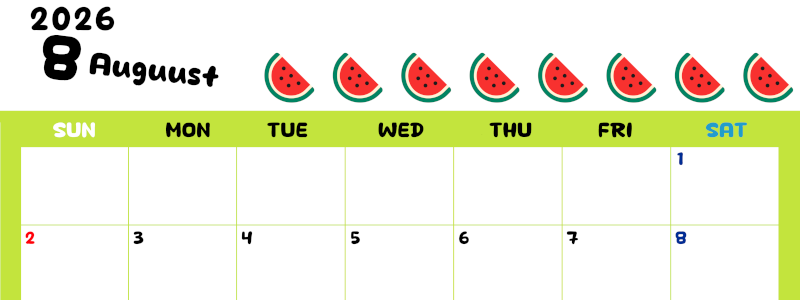 2026年8月カレンダーは横型日曜始まりで季節感あふれる果物のカラフルなイラストがかわいい：無料(2026-01360800)
