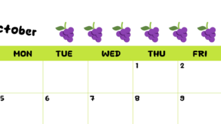 2026年10月カレンダーは横型日曜始まりで季節感あふれる果物のカラフルなイラストがかわいい：無料(2026-01361000)
