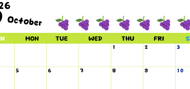 2026年10月カレンダーは横型日曜始まりで季節感あふれる果物のカラフルなイラストがかわいい：無料(2026-01361000)