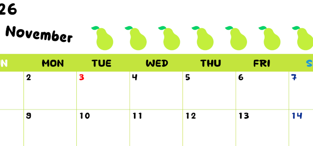 2026年11月カレンダーは横型日曜始まりで季節感あふれる果物のカラフルなイラストがかわいい：無料(2026-01361100)