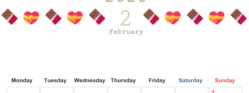 2026年2月カレンダーは縦型月曜始まりで季節感あふれる行事のカラフルなイラストがおしゃれ：無料(2026-01370211)