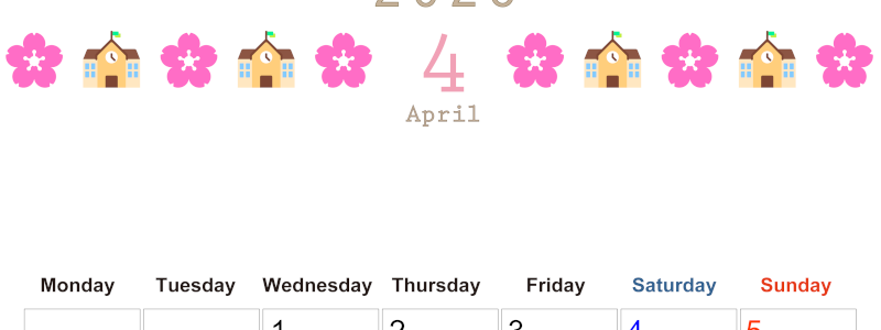 2026年4月カレンダーは縦型月曜始まりで季節感あふれる行事のカラフルなイラストがおしゃれ：無料(2026-01370411)