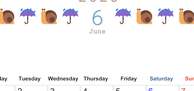 2026年6月カレンダーは縦型月曜始まりで季節感あふれる行事のカラフルなイラストがおしゃれ：無料(2026-01370611)