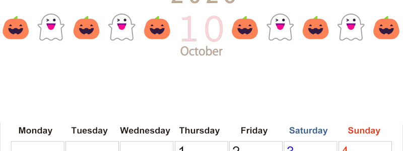 2026年10月カレンダーは縦型月曜始まりで季節感あふれる行事のカラフルなイラストがおしゃれ：無料(2026-01371011)