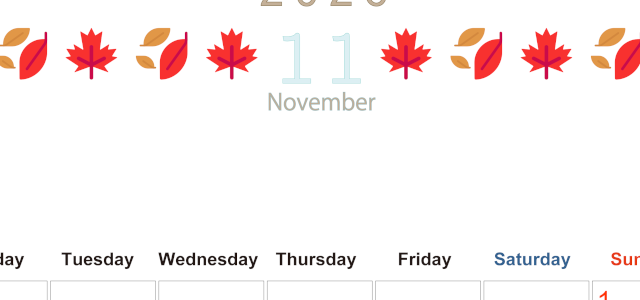 2026年11月カレンダーは縦型月曜始まりで季節感あふれる行事のカラフルなイラストがおしゃれ：無料(2026-01371111)