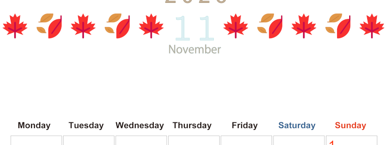 2026年11月カレンダーは縦型月曜始まりで季節感あふれる行事のカラフルなイラストがおしゃれ：無料(2026-01371111)