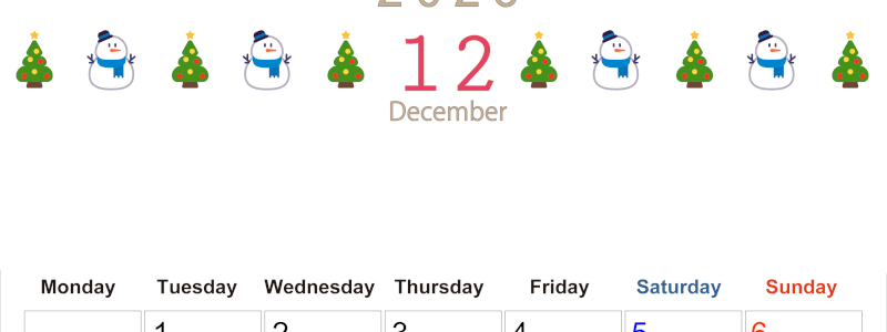 2026年12月カレンダーは縦型月曜始まりで季節感あふれる行事のカラフルなイラストがおしゃれ：無料(2026-01371211)