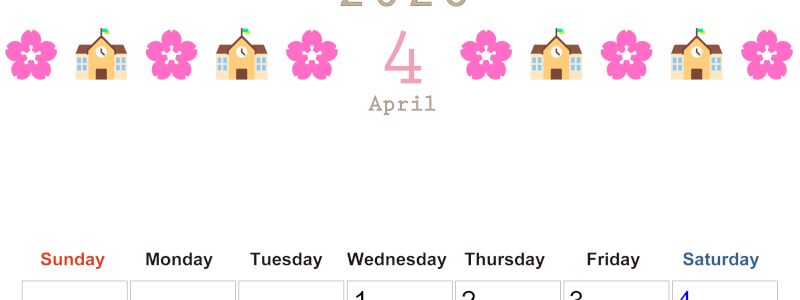 2026年4月カレンダーは縦型日曜始まりで季節感あふれる行事のカラフルなイラストがおしゃれ：無料(2026-01370410)