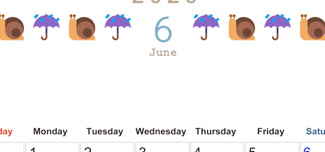 2026年6月カレンダーは縦型日曜始まりで季節感あふれる行事のカラフルなイラストがおしゃれ：無料(2026-01370610)