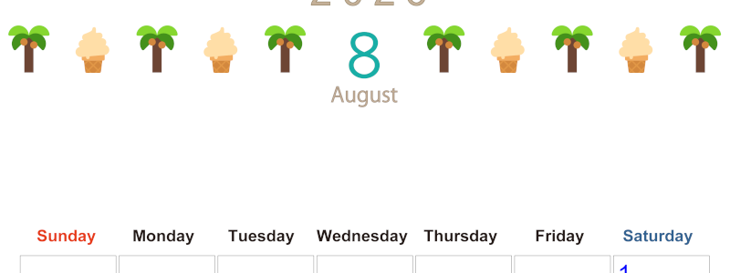 2026年8月カレンダーは縦型日曜始まりで季節感あふれる行事のカラフルなイラストがおしゃれ：無料(2026-01370810)