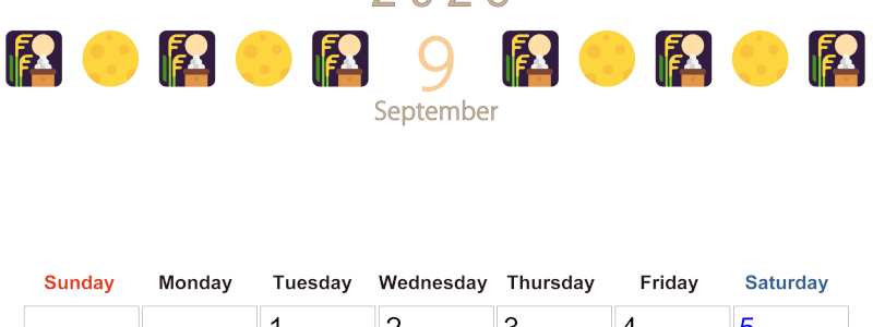 2026年9月カレンダーは縦型日曜始まりで季節感あふれる行事のカラフルなイラストがおしゃれ：無料(2026-01370910)