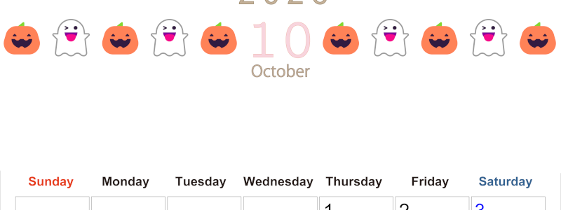 2026年10月カレンダーは縦型日曜始まりで季節感あふれる行事のカラフルなイラストがおしゃれ：無料(2026-01371010)