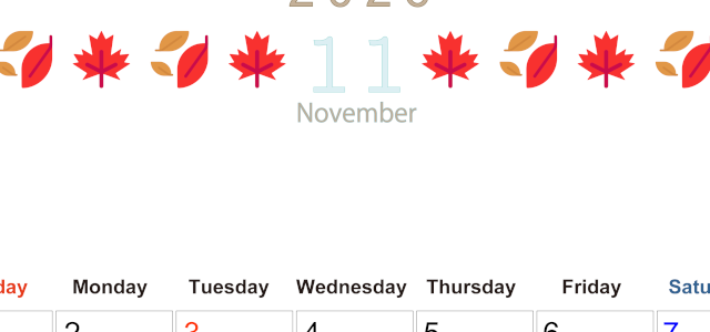 2026年11月カレンダーは縦型日曜始まりで季節感あふれる行事のカラフルなイラストがおしゃれ：無料(2026-01371110)