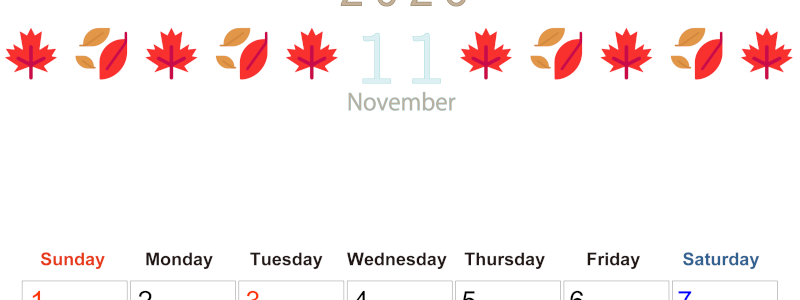 2026年11月カレンダーは縦型日曜始まりで季節感あふれる行事のカラフルなイラストがおしゃれ：無料(2026-01371110)