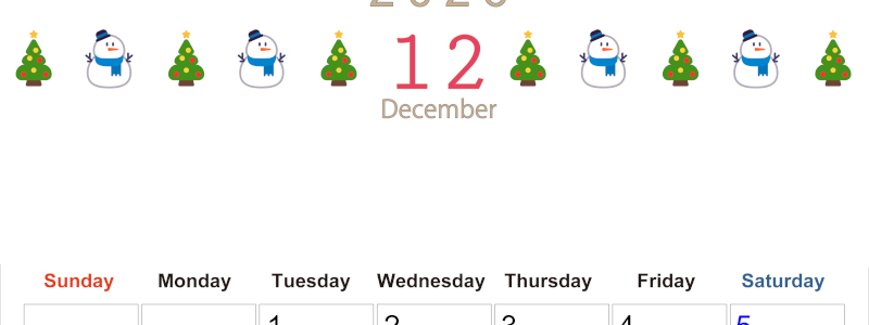 2026年12月カレンダーは縦型日曜始まりで季節感あふれる行事のカラフルなイラストがおしゃれ：無料(2026-01371210)