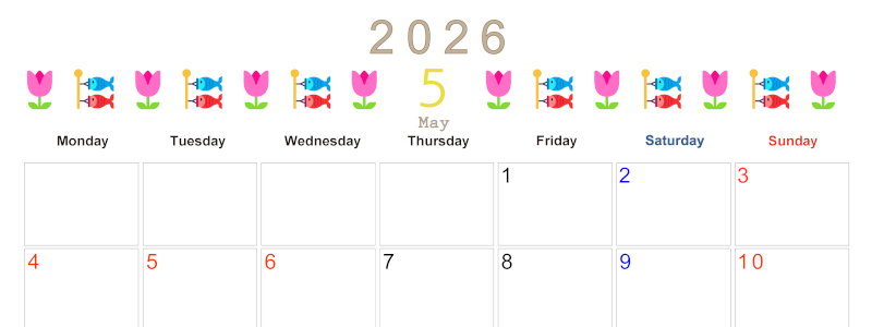 2026年5月カレンダーは横型月曜始まりで季節感あふれる行事のカラフルなイラストがおしゃれ：無料(2026-01370501)