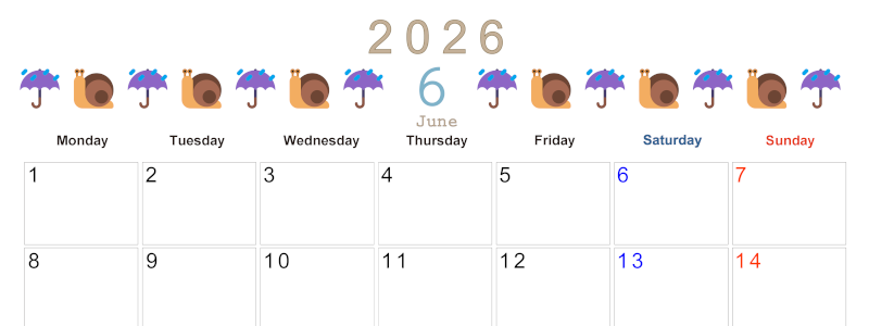 2026年6月カレンダーは横型月曜始まりで季節感あふれる行事のカラフルなイラストがおしゃれ：無料(2026-01370601)