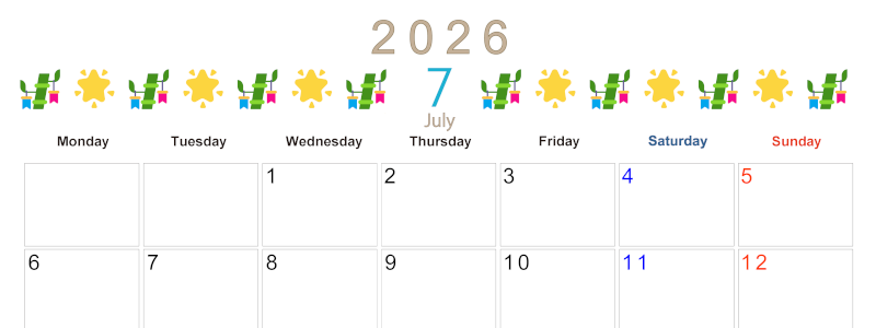 2026年7月カレンダーは横型月曜始まり でベージュの花がおしゃれ：無料(2026-01370701)