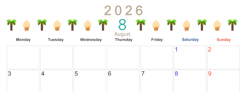 2026年8月カレンダーは横型月曜始まりで季節感あふれる行事のカラフルなイラストがおしゃれ：無料(2026-01370801)