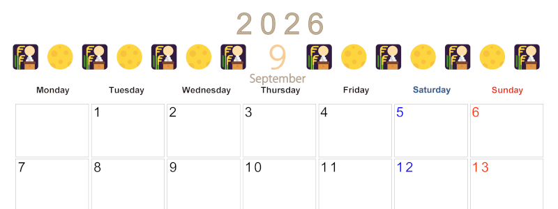 2026年9月カレンダーは横型月曜始まりで季節感あふれる行事のカラフルなイラストがおしゃれ：無料(2026-01370901)