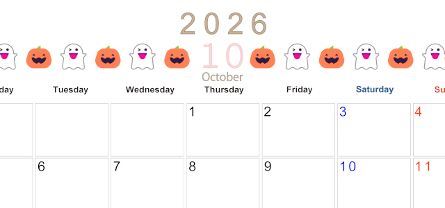 2026年10月カレンダーは横型月曜始まりで季節感あふれる行事のカラフルなイラストがおしゃれ：無料(2026-01371001)