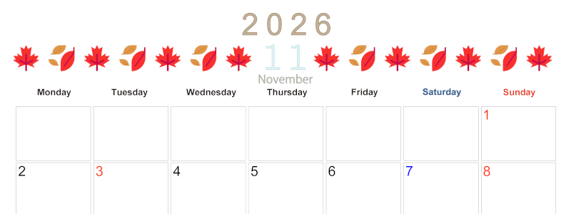 2026年11月カレンダーは横型月曜始まりで季節感あふれる行事のカラフルなイラストがおしゃれ：無料(2026-01371101)