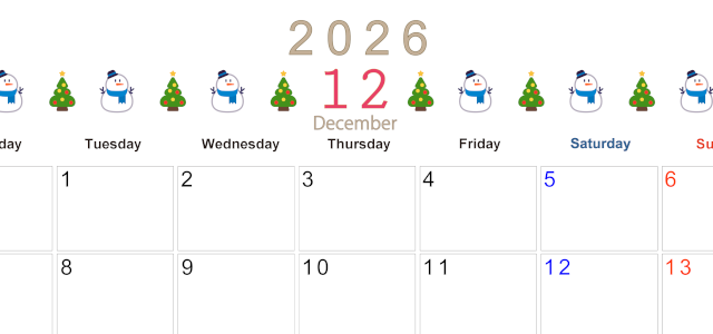 2026年12月カレンダーは横型月曜始まりで季節感あふれる行事のカラフルなイラストがおしゃれ：無料(2026-01371201)