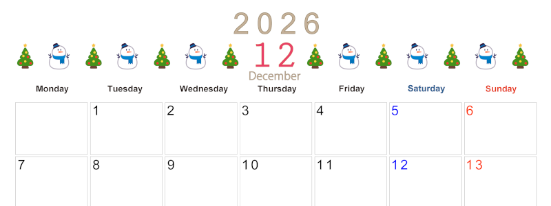 2026年12月カレンダーは横型月曜始まりで季節感あふれる行事のカラフルなイラストがおしゃれ：無料(2026-01371201)
