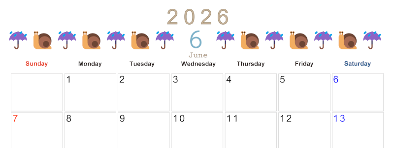 2026年6月カレンダーは横型日曜始まりで季節感あふれる行事のカラフルなイラストがおしゃれ：無料(2026-01370600)