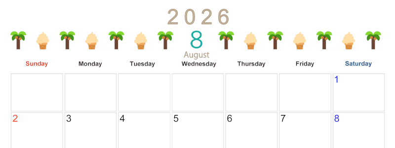 2026年8月カレンダーは横型日曜始まりで季節感あふれる行事のカラフルなイラストがおしゃれ：無料(2026-01370800)