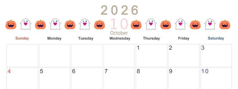 2026年10月カレンダーは横型日曜始まりで季節感あふれる行事のカラフルなイラストがおしゃれ：無料(2026-01371000)