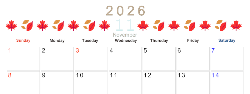 2026年11月カレンダーは横型日曜始まりで季節感あふれる行事のカラフルなイラストがおしゃれ：無料(2026-01371100)