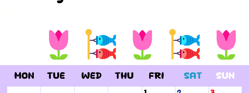 2026年5月カレンダーは縦型月曜始まりで季節の行事の絵文字イラストがかわいい♪ダウンロードは無料♪(2026-01380511)