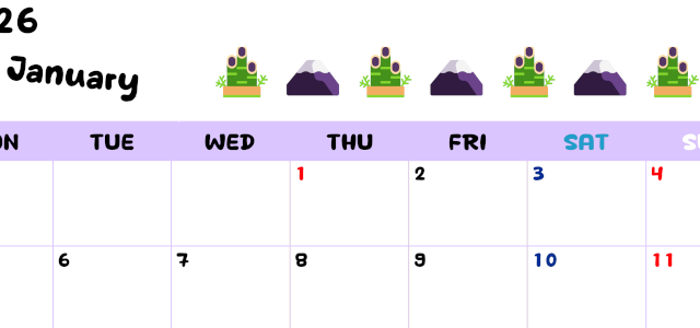 2026年1月カレンダーは横型月曜始まりで季節の行事の絵文字イラストがかわいい♪ダウンロードは無料♪(2026-01380101)