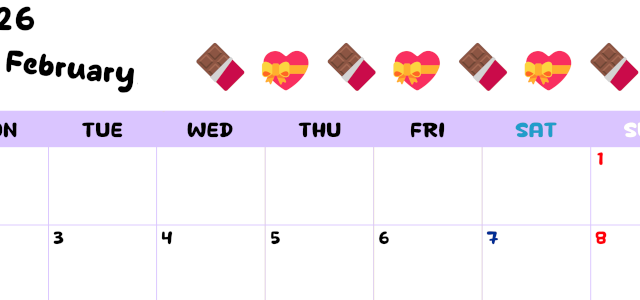 2026年2月カレンダーは横型月曜始まりで季節の行事の絵文字イラストがかわいい♪ダウンロードは無料♪(2026-01380201)