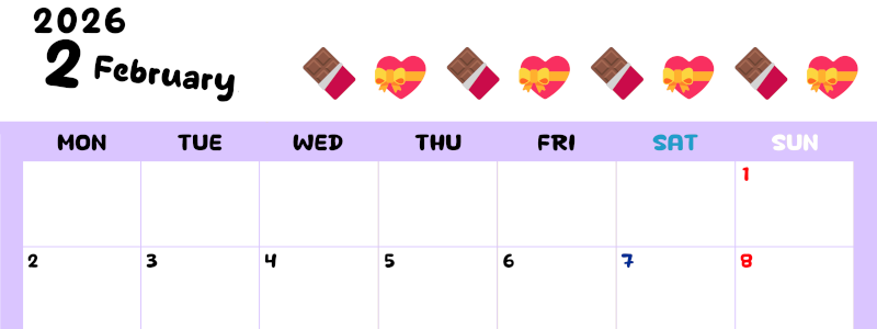 2026年2月カレンダーは横型月曜始まりで季節の行事の絵文字イラストがかわいい♪ダウンロードは無料♪(2026-01380201)