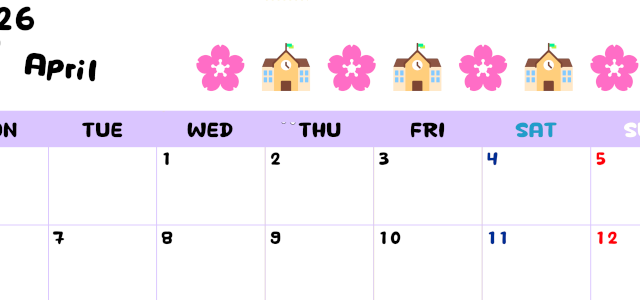 2026年4月カレンダーは横型月曜始まりで季節の行事の絵文字イラストがかわいい♪ダウンロードは無料♪(2026-01380401)