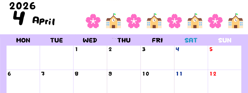 2026年4月カレンダーは横型月曜始まりで季節の行事の絵文字イラストがかわいい♪ダウンロードは無料♪(2026-01380401)