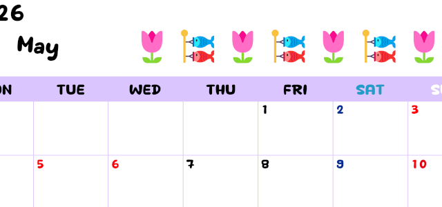 2026年5月カレンダーは横型月曜始まりで季節の行事の絵文字イラストがかわいい♪ダウンロードは無料♪(2026-01380501)