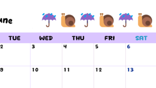 2026年6月カレンダーは横型月曜始まりで季節の行事の絵文字イラストがかわいい♪ダウンロードは無料♪(2026-01380601)