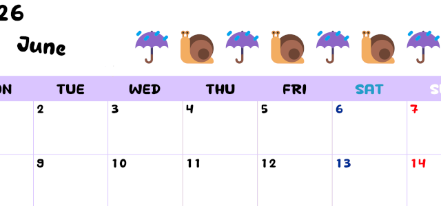 2026年6月カレンダーは横型月曜始まりで季節の行事の絵文字イラストがかわいい♪ダウンロードは無料♪(2026-01380601)