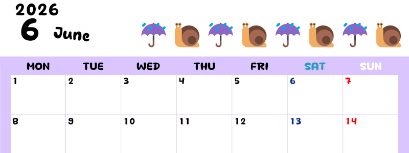 2026年6月カレンダーは横型月曜始まりで季節の行事の絵文字イラストがかわいい♪ダウンロードは無料♪(2026-01380601)