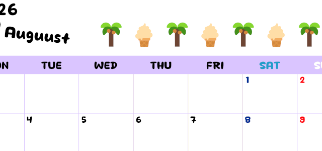 2026年8月カレンダーは横型月曜始まりで季節の行事の絵文字イラストがかわいい♪ダウンロードは無料♪(2026-01380801)